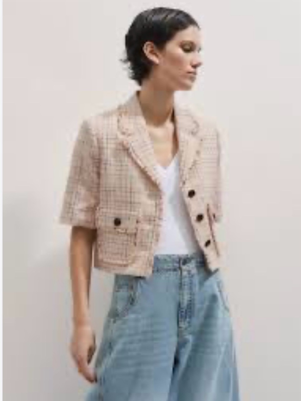 ME+EM Cropped Pale peach Tweed Blazer with Frayed Trim - Picture 4 of 8